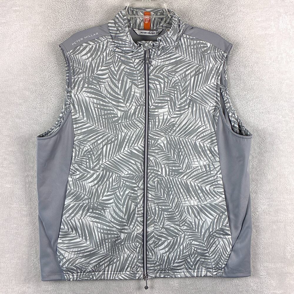 Peter Millar Vest Men XL Gray Palm Print Quilted Fuse Elite Hybrid Full Zip Golf